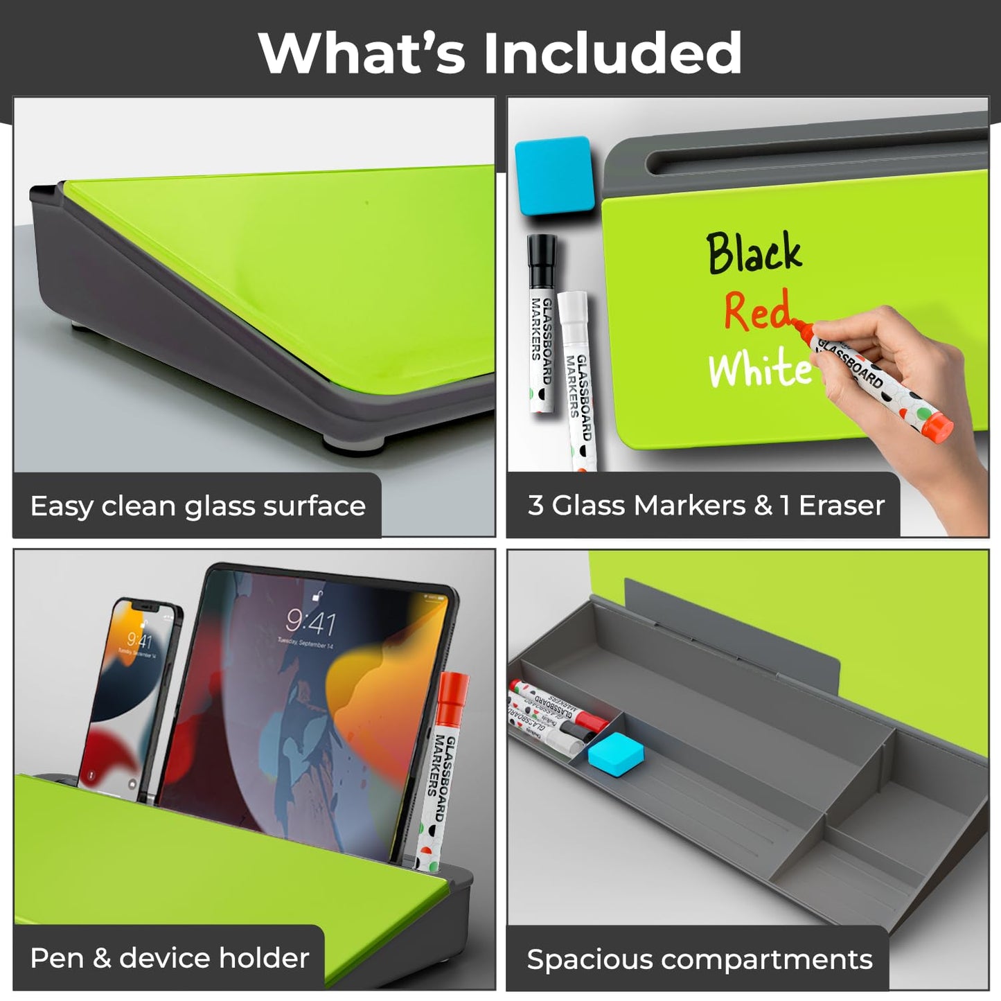 Chalkola Neon Green Glass Desktop Whiteboard with Storage - Dry Erase Board, Work Desk Organizers, Computer Keyboard Stand, Home Office Desk Accessories, Workspace Desktop Buddy + 3 Markers