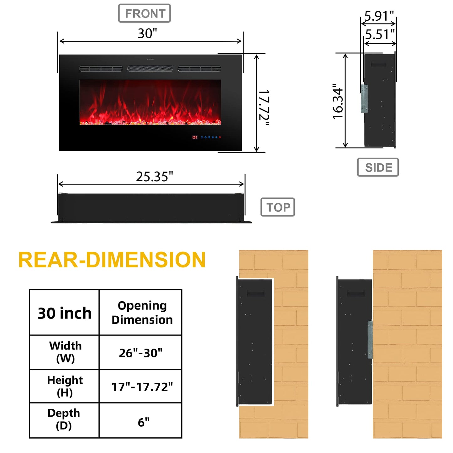 Rodalflame 30 Inches Electric Fireplace Inserts, Recessed And Wall Mounted Fireplace Heater For Indoor Use With Remote Control,