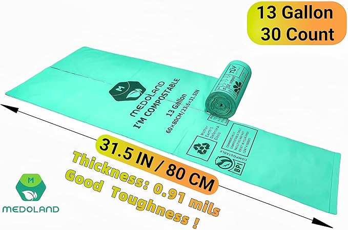 BPI Certified Compostable Trash Bags 13Gallon (30 Count) - 3X Thicker Than Regular, Leak & Tear Resistant for Kitchen/Garden/Food Waste, 90-Day Breakdown in Home/Industrial Use, 0.91mils Plant-Based