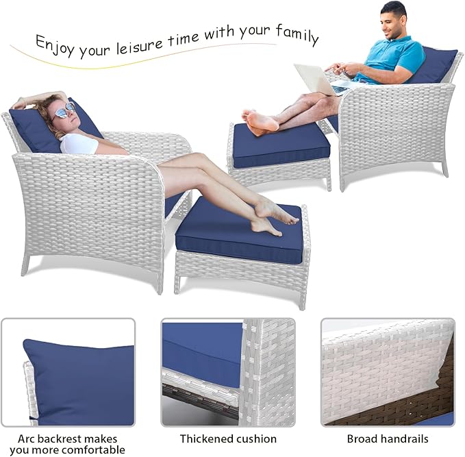 LEVELEVE Balcony Furniture 5 Piece Patio Conversation Set, PE Wicker Rattan Outdoor Lounge Chairs with Soft Cushions 2 Ottoman&Glass Table for Porch