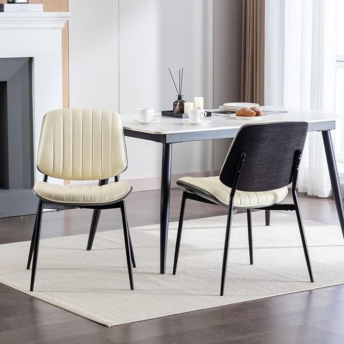 YaFiti Dining Chairs Set of 2, Mid Century Modern Accent Dining Room and Kitchen Chairs, Upholstered PU Leather Vertical Stripe Chairs for Vanity with Walnut Bentwood and Metal Legs, Beige