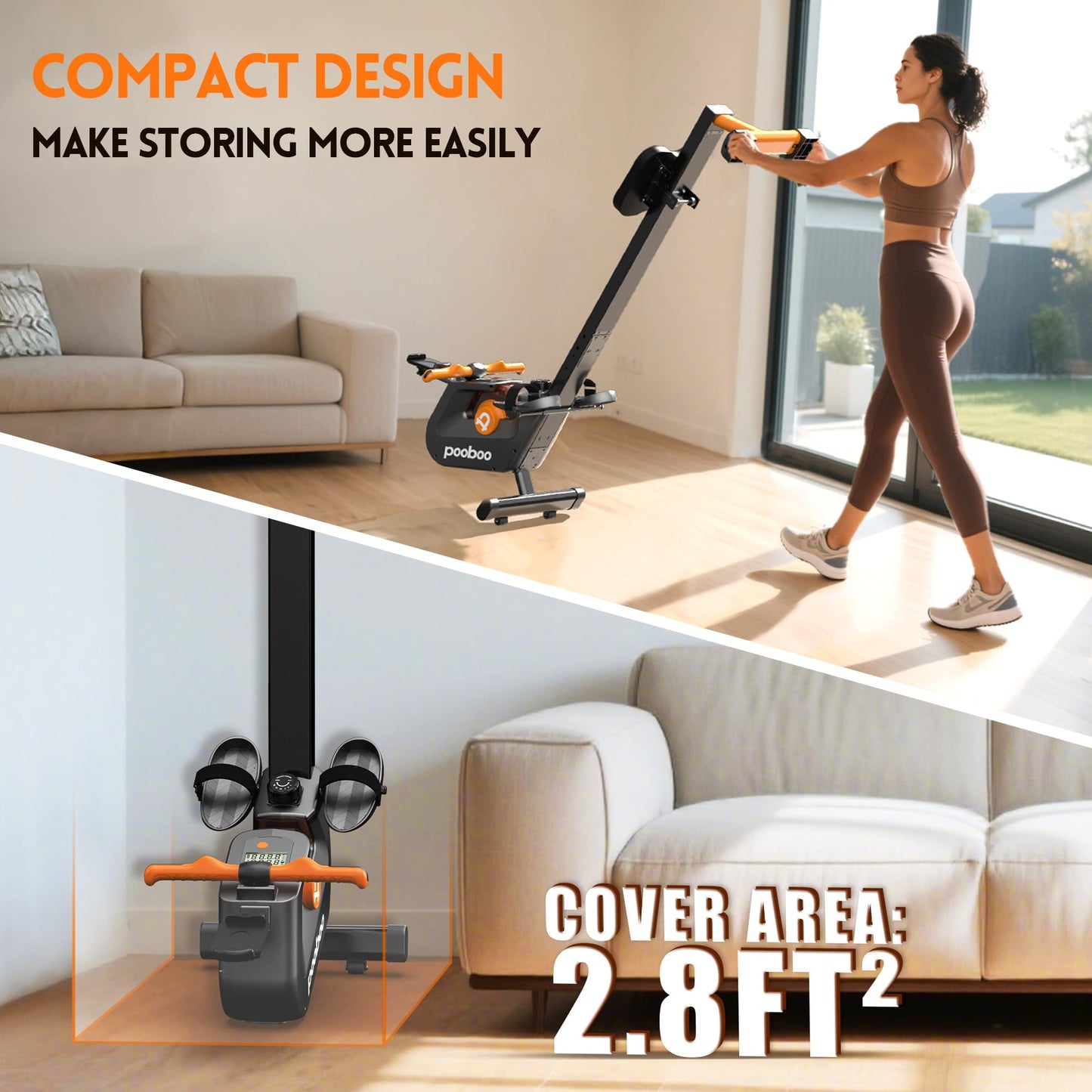 pooboo Rowing Machine, Max 350 LBS Magnetic Rower with LCD Monitor, Tablet Holder, Upgraded Rowing Machines for Home use (Orange)