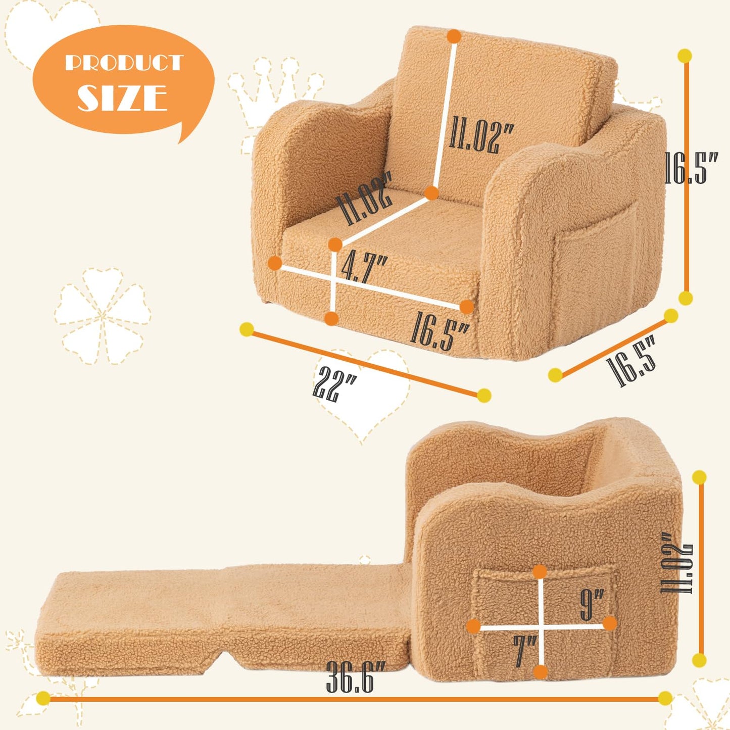 Toddler Baby Chair Couch Sofa Kids Foldable 2-in-1 Sherpa Fold Out Couch Bed Toddler Chairs Comfy for Boys & Girls Convertible Kids Furniture Lounge Chair for Playroom with Double Pockets, Dark Camel