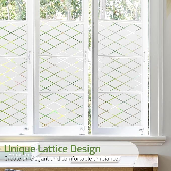 LUTE Frosted Window Privacy Film, Static Cling UV Sun Blocking Heat Control Window Cover, Removable Non-Adhesive Glass Sticker Vinyl Decorative Frosting Decals for Home Office, Lattice, 17.5" x 78.7"