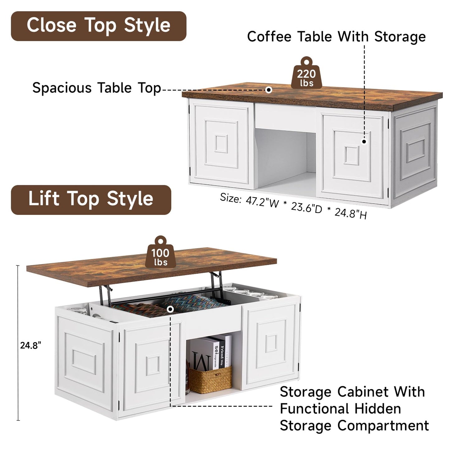 ONBRILL Lift Top Coffee Table with Storage, 48" Rustic Center Table with Hidden Storage Compartment and 2 Cabinet, White Coffee Table Converts to Dining Table for Living Room, Office