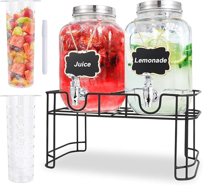 1 Gallon Glass Drink Dispensers For Parties-Set of 2,Drink Dispenser with Fruit Infuser & Stand,Juice or Beverage Dispense...