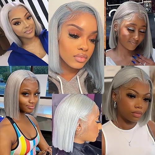 14 Inch Grey Bob Wig Human Hair Pre Plucked Long Straight 13x4 Hd Transparent Lace Frontal Bob Wigs for Black Women 180% Density Silver Grey Glueless Blunt Cut Bob Wig with Baby Hair 180% Density