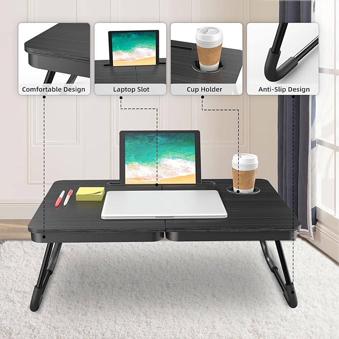 BUYIFY Portable Foldable Laptop Desk for Bed and Couch, Adjustable Lap Desk with Cup Holder and Phone Holder, Ideal for Working, Reading, Writing, and Breakfast (Black)-USA Original Patent