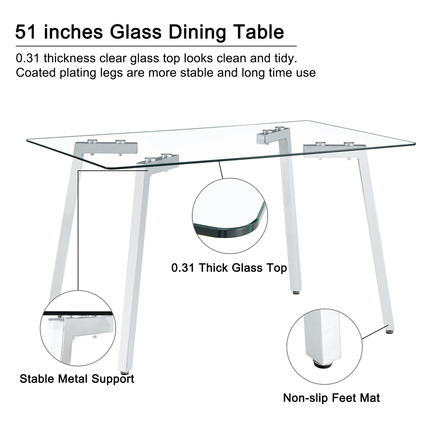 Glass Dining Table Set for 4,Rectangle Dinner Table with 4 White Leather Kitchen Chairs,51 in Kitchen Room Dining Set,0.31” Tempered Glass Table Top with Silver Metal Legs,4 Dining Chairs