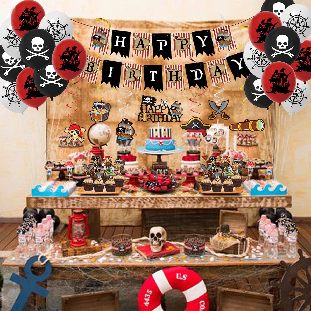 Pirate Party Decorations - Pirate Birthday Banner, Balloons, Cake Toppers & Hanging Swirls for Men, Boys & Kids