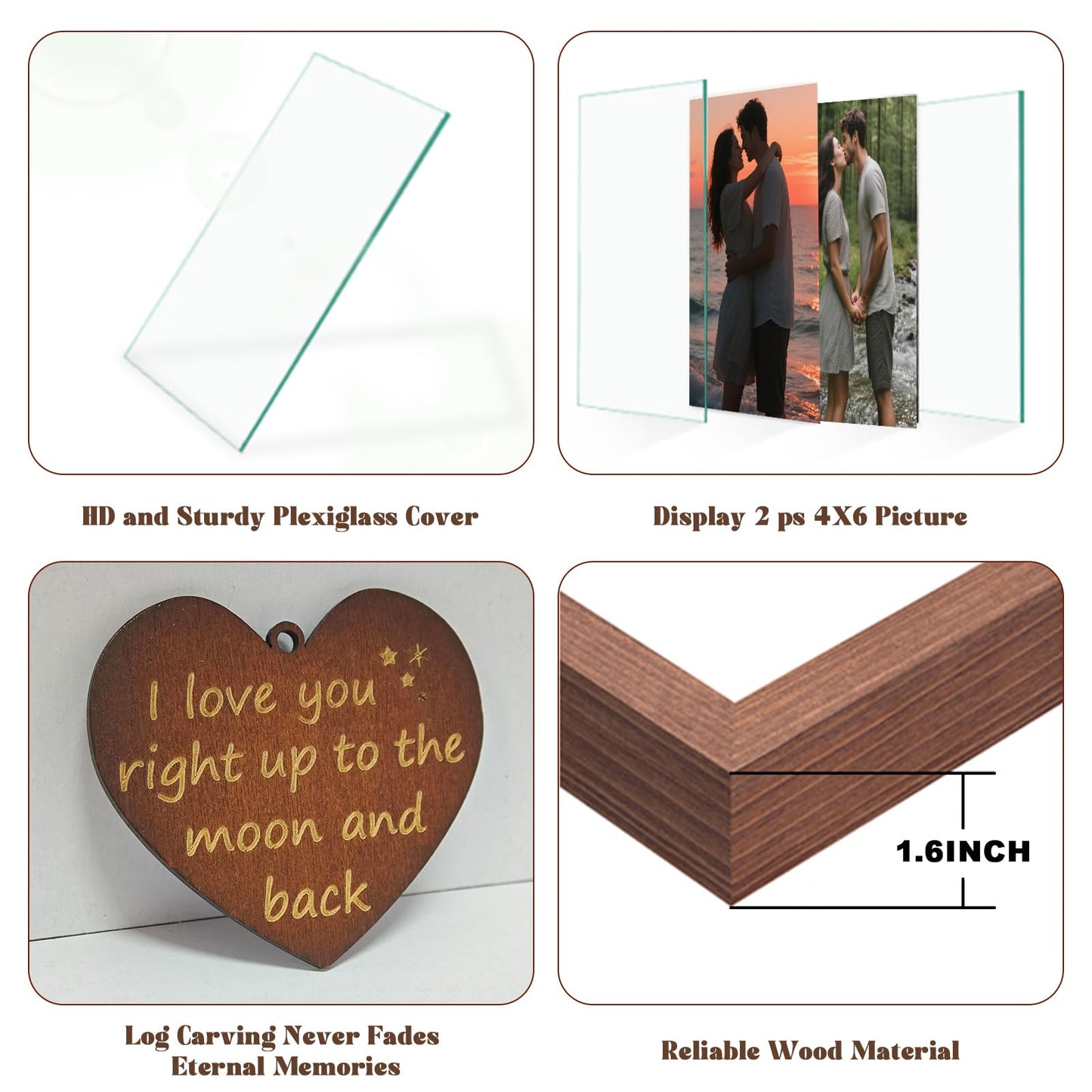 Kinonlus Rotating Photo Frame 4x6 Inch Double-Sided Display for Couples & Parents Gift for Anniversary, Wedding or Family Anniversary Memorial Valentines Thanksgiving Keepsake Decor