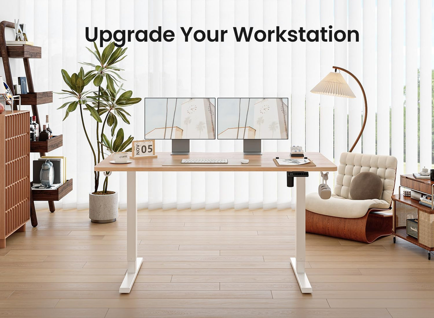 BANTI 55 × 24 Inches Standing Desk, Ergonomic, Electric Height Adjustable, Sit and Stand Up, Computer Office Desk with Splice Board, White Frame/Maple Top