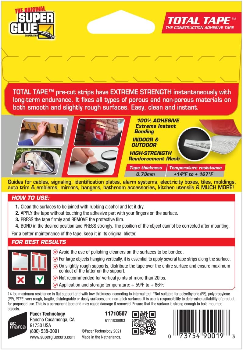 Super Glue, Total Tape Precut Strips, 10 Strips, Strong Indoor & Outdoor Construction Adhesive, Holds 14 lbs. per Strip, Permanent Bonding, All-Weather, Mesh Reinforced, Easy-to-Use Double-Sided Tape