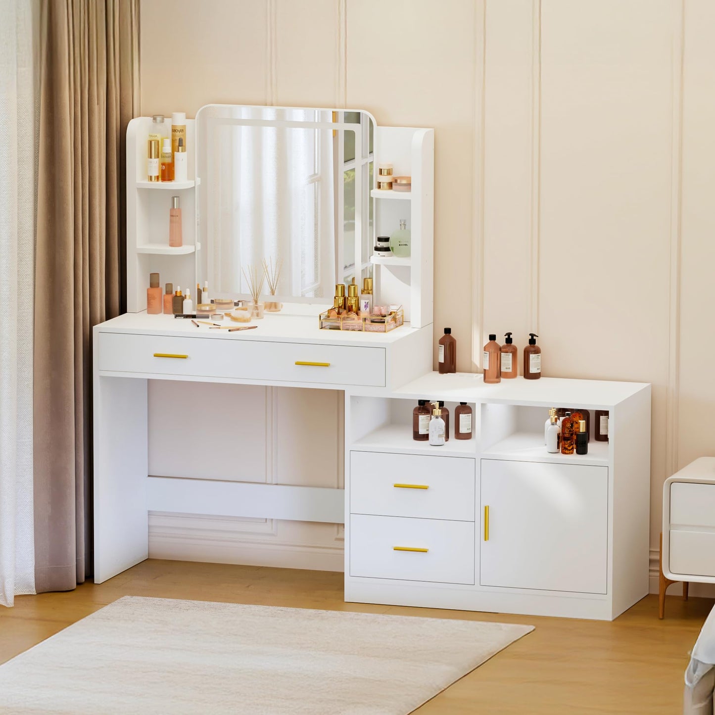 Pamapic 13 Storage Vanity Desk with Lighted Mirror, Makeup Vanity with Power Outlet, White Dresser with Mirror, Dressing Table with 4 Drawers, 8 Shelves and Cabinet, 3 Lighting Colors, Silent Slides