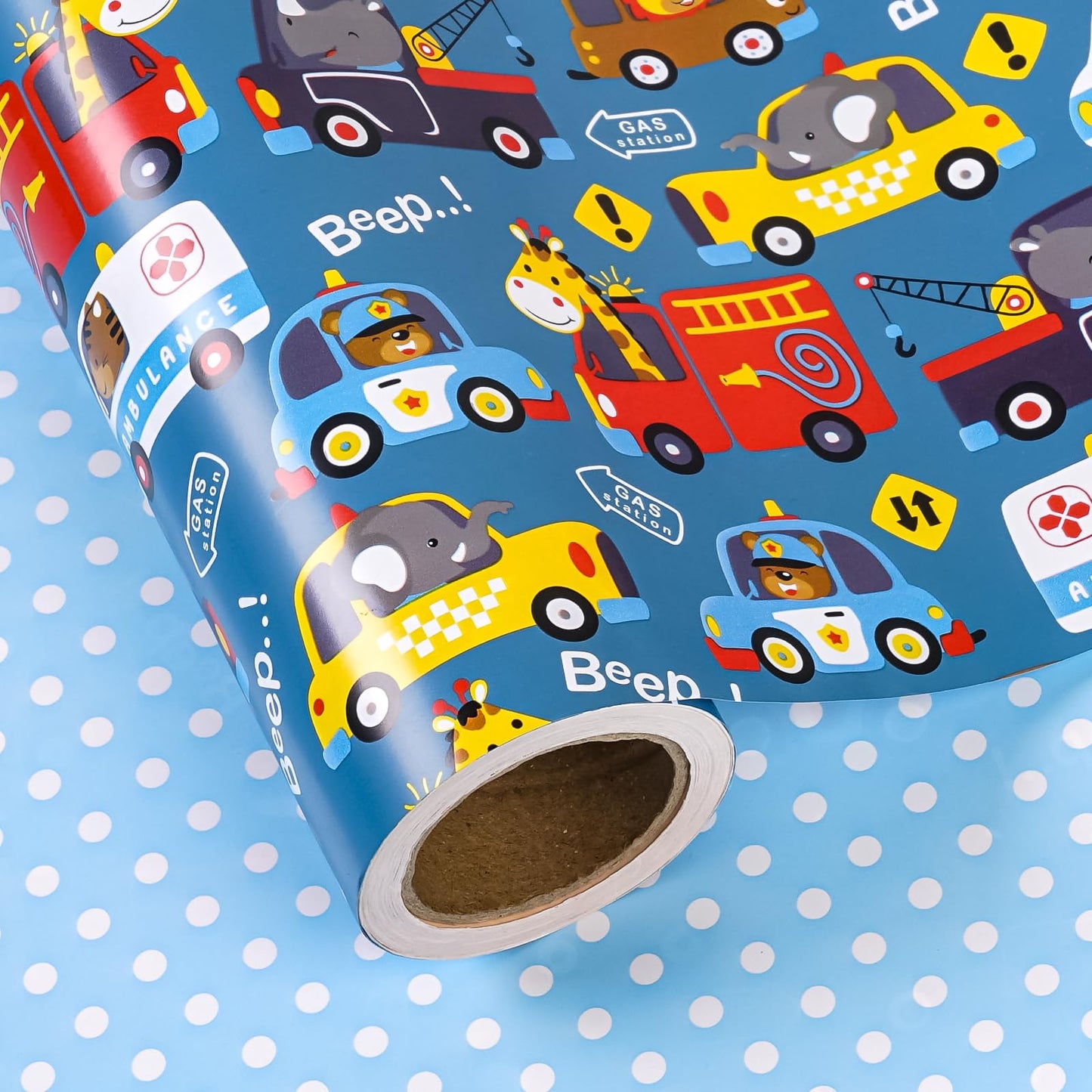 WRAPAHOLIC 30 Inch Jumbo Reversible Car Wrapping Paper - 30 Inch x 33 Feet - Adorable Police Car Fire Trucks Animal Wrapping Paper for Kids Boys Birthday, Baby Shower