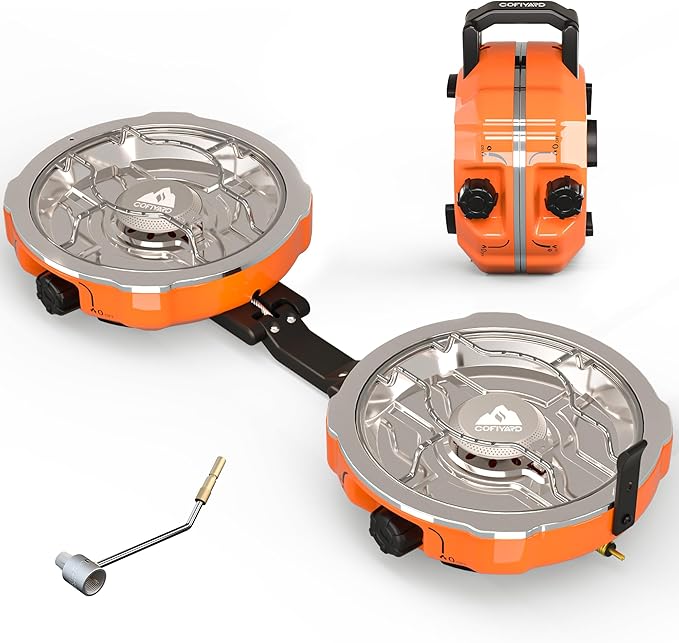 Cofiyard 20,000 BTUs 2 Burner Propane Camping Stove, Portable Folding Camp Stove with Adjustable Burners, Regulator and Ca...