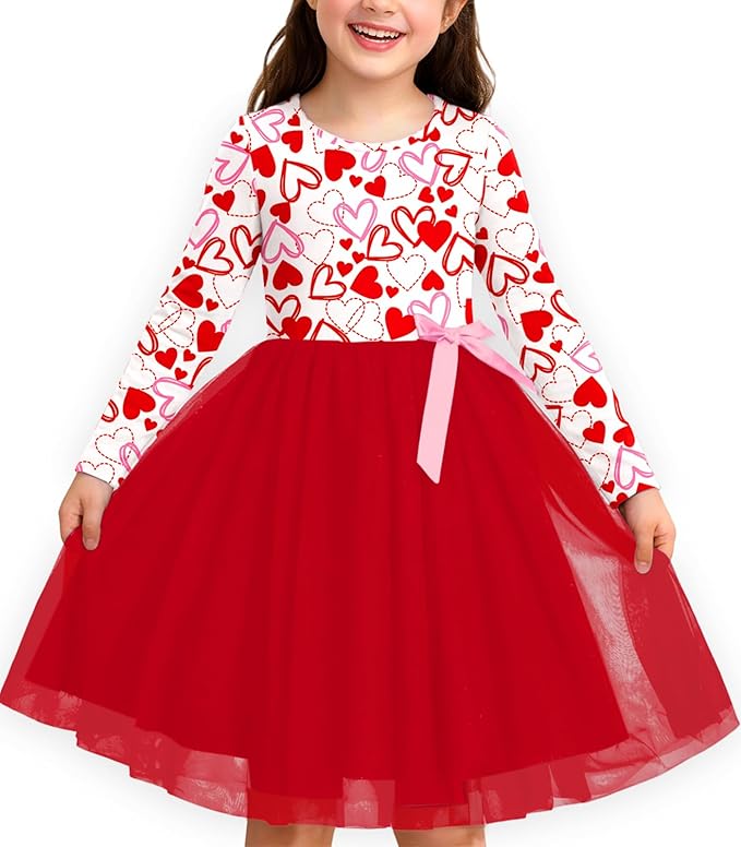 Remimi Girls Valentine's Tutu Dress Long Sleeve Tulle Heart Printed Dresses 3-12 Years