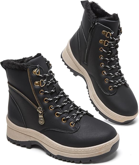 Adokoo Boots for Women Waterproof Fall Winter Ankle Boots Snow Platform Black Boots with Side Zipper Lace Up Non Slip for ...