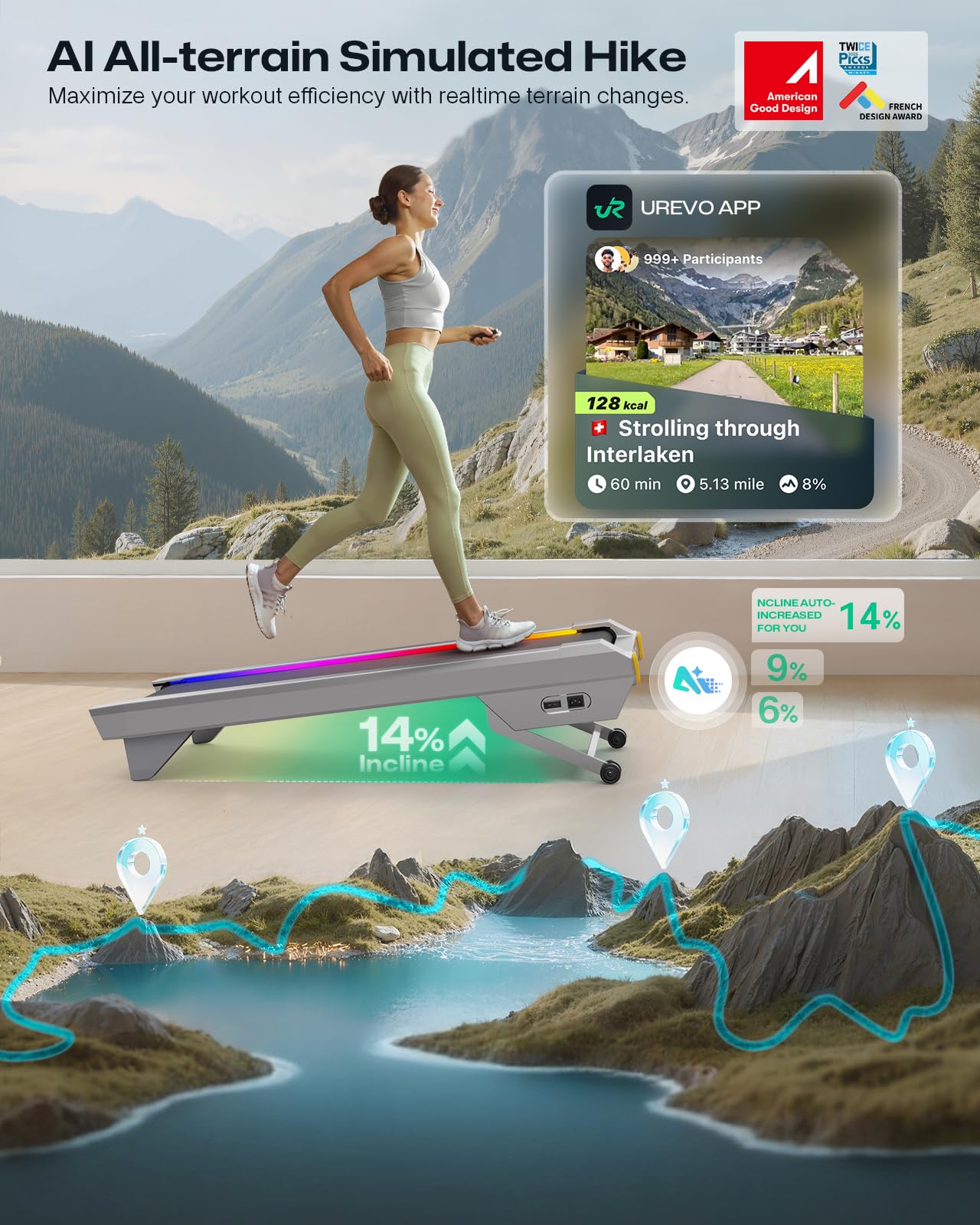UREVO CyberPad Smart Walking Pad with 14% Auto Incline, Brushless Motorized Under Desk Treadmill for Office Fitness, Elegant Speed Lights, Spacious Surface, Digital Controller, AI-Powered App,Silver