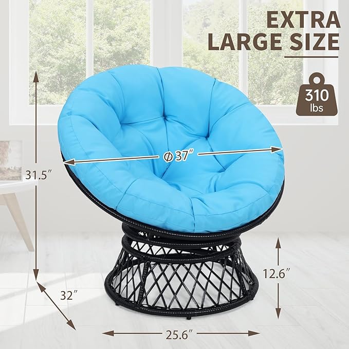40" Ergonomic Wicker Papasan Chair, 360° Swivel Indoor Outdoor Rattan Chair with Soft Thick Cushion, Ideal for Living Room, Bedroom, Reading Room, Black Frame with Blue Cushion