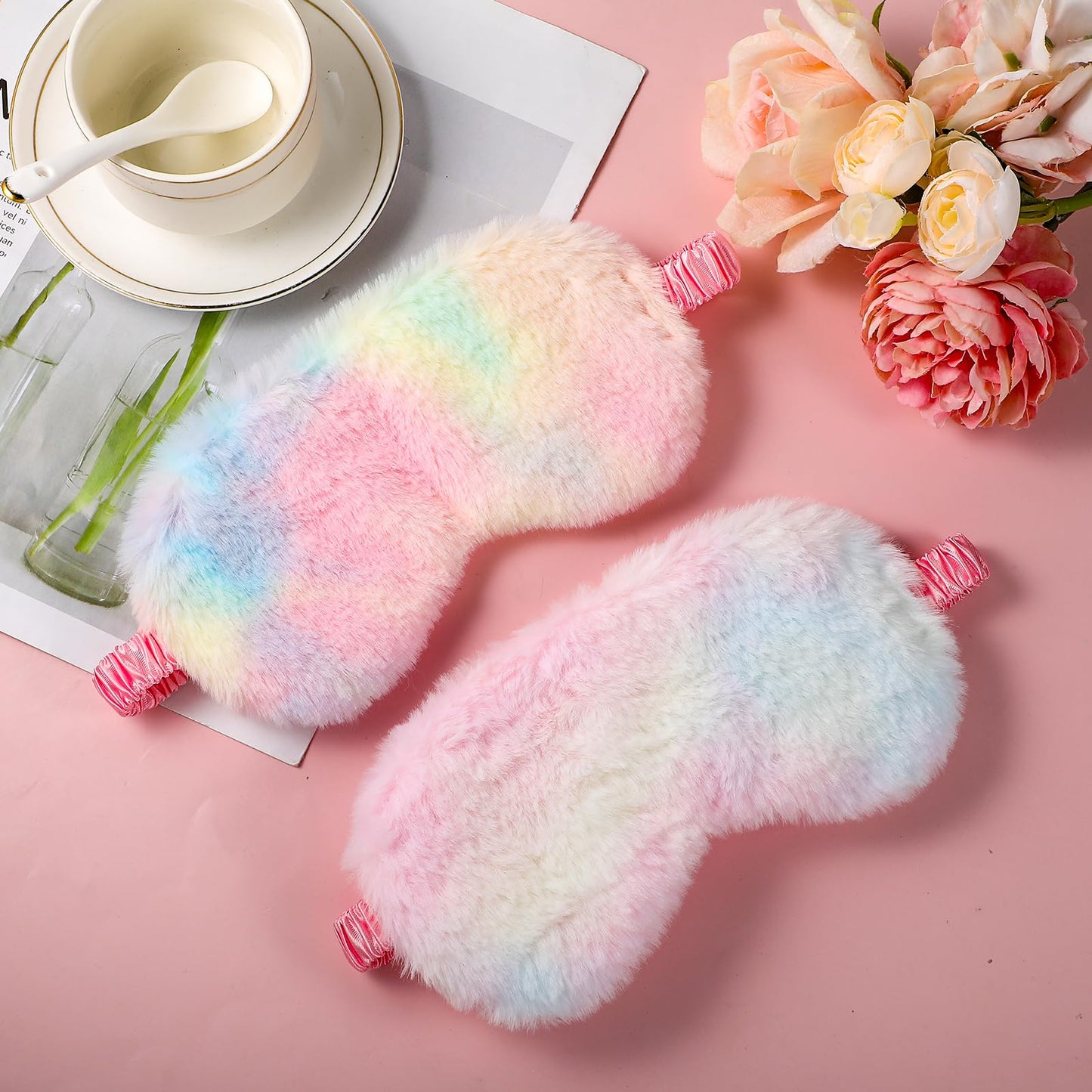 2 Pcs Plush Eye Mask Soft Sleeping Blindfold Eye Cover Comfortable Furry Faux Fur Sleeping Mask Satin Nap Night Eyeshade Cover for Women Men Gift (Light Rainbow, Dark Rainbow)