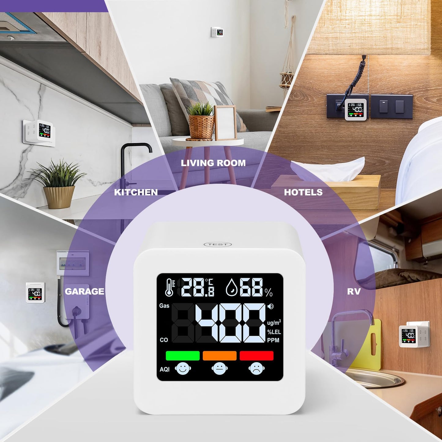 Plug-in 4-in-1 Gas & CO Detector with Temp/Humidity - Natural Gas, Propane & Methane Detector for Home, RV & Apartments (1, White-Voice Edition)