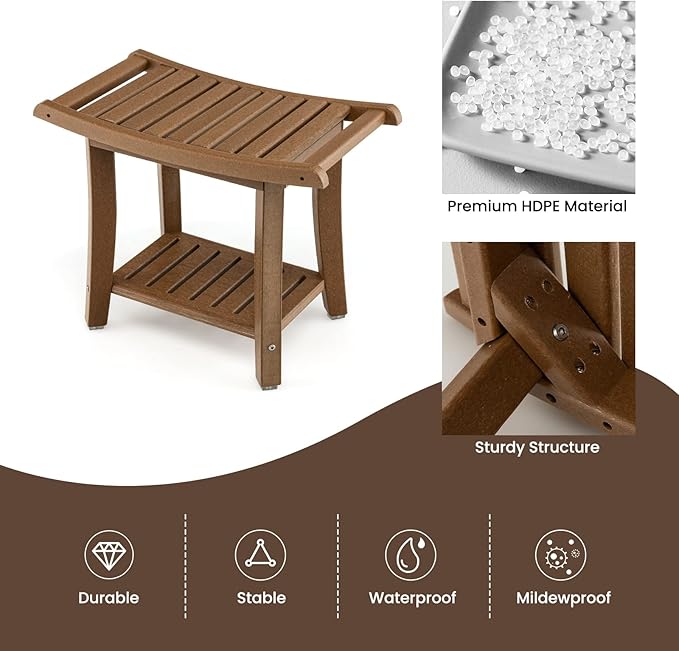 GOFLAME 2-Tier Shower Bench, Spa Bath Shower Stool with Curved Seat, 2 Easy-to-Grip Handles, Storage Shelf & Non-Slip Foot Pads, Waterproof Shower Chair for Bathroom, Living Room, Entryway, Brown