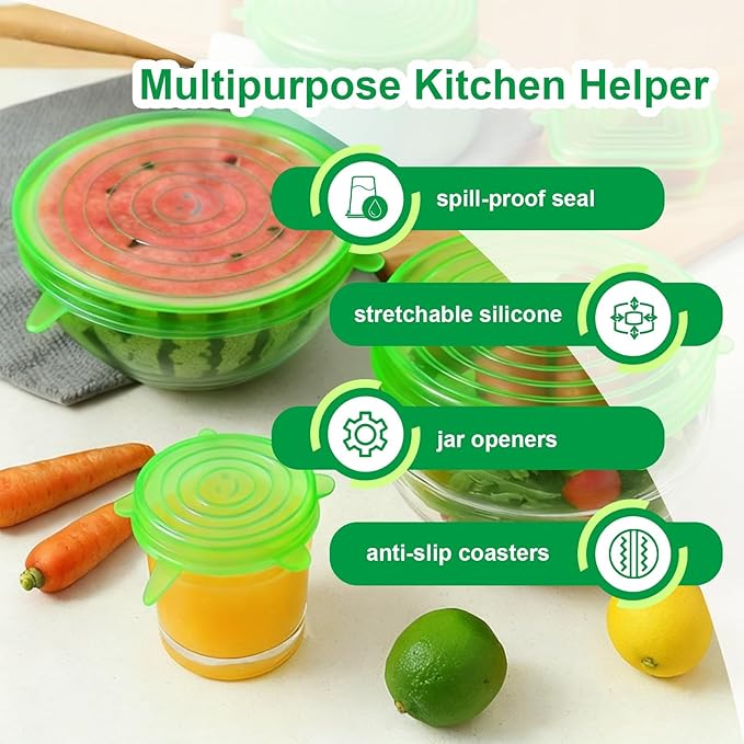 Silicone Stretch Lids – 6 Pack Reusable Food Covers,Flexible Silicone for Bowls, Containers, Fruits – Airtight & Leakproof Seal for Kitchen Storage(green)
