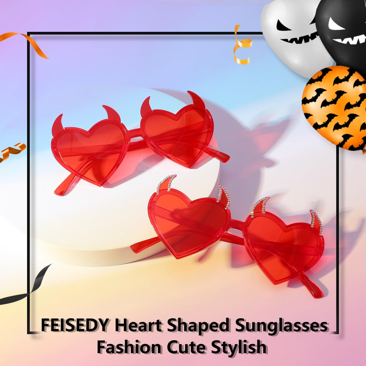 FEISEDY Sunglasses Women Men, Halloween Party Disco Trendy Love Sun Glasses, Rimless Heart Devil Ear Frame B0054
