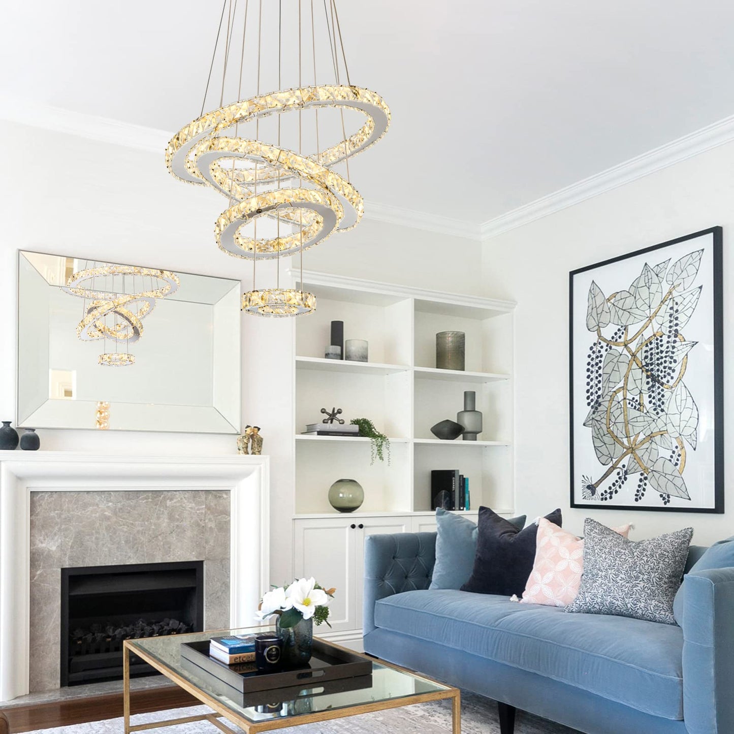 KKMYWAN Modern Crystal Chandelier, Dimmable 4 Rings LED Linear Chandelier Dining Room Light Fixture with Remote for Dining Room, Entryway, Bedroom,Living Room and Foyer Size: Ø5.5+9.4"+13.4"+17.3"