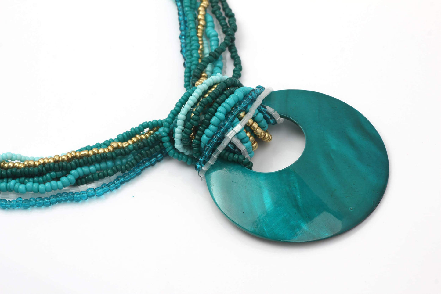 Coiris Multi Strand Statement Colorful Beaded Necklace Earrings Set with Big Circle Shell Pendant for Women (N0055-Dark Teal)