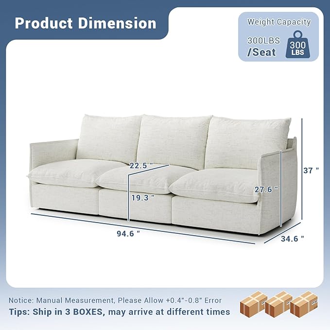 Lopzeho 94.6" Cloud Modular Sectional Sofa, Waterproof Down Filled Sectional Sofas, High Backrest 3 Seater Sectional Couches for Living Room, Modern Modular Couch with Removable Cover, Cream White