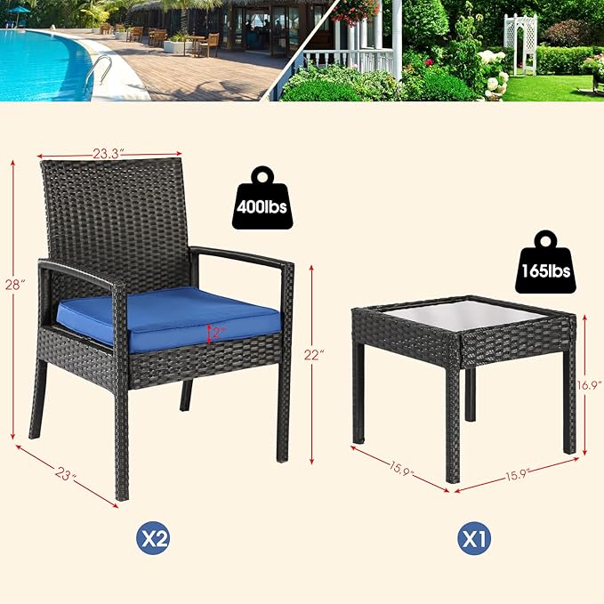 PAOLFOX 3 Piece Outdoor Patio Furniture Sets, Rattan Conversation Set with Soft Cushion, Wicker Chairs with Coffee Table for Yard Backyard Lawn Porch Poolside Balcony, Blue
