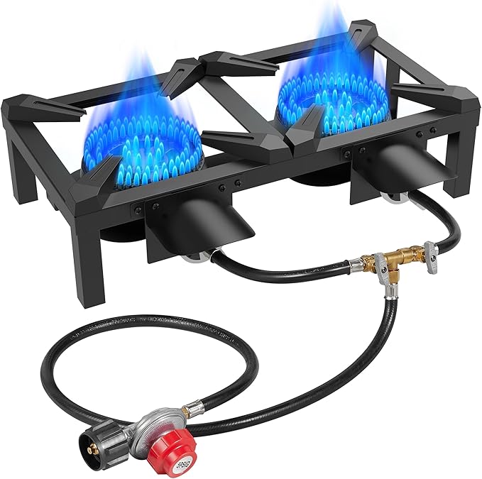 BESTFIRE Double Burner Propane Camping Stove with Independent Control Valves & 5PSI Hose - Heavy Duty Portable Outdoor Coo...