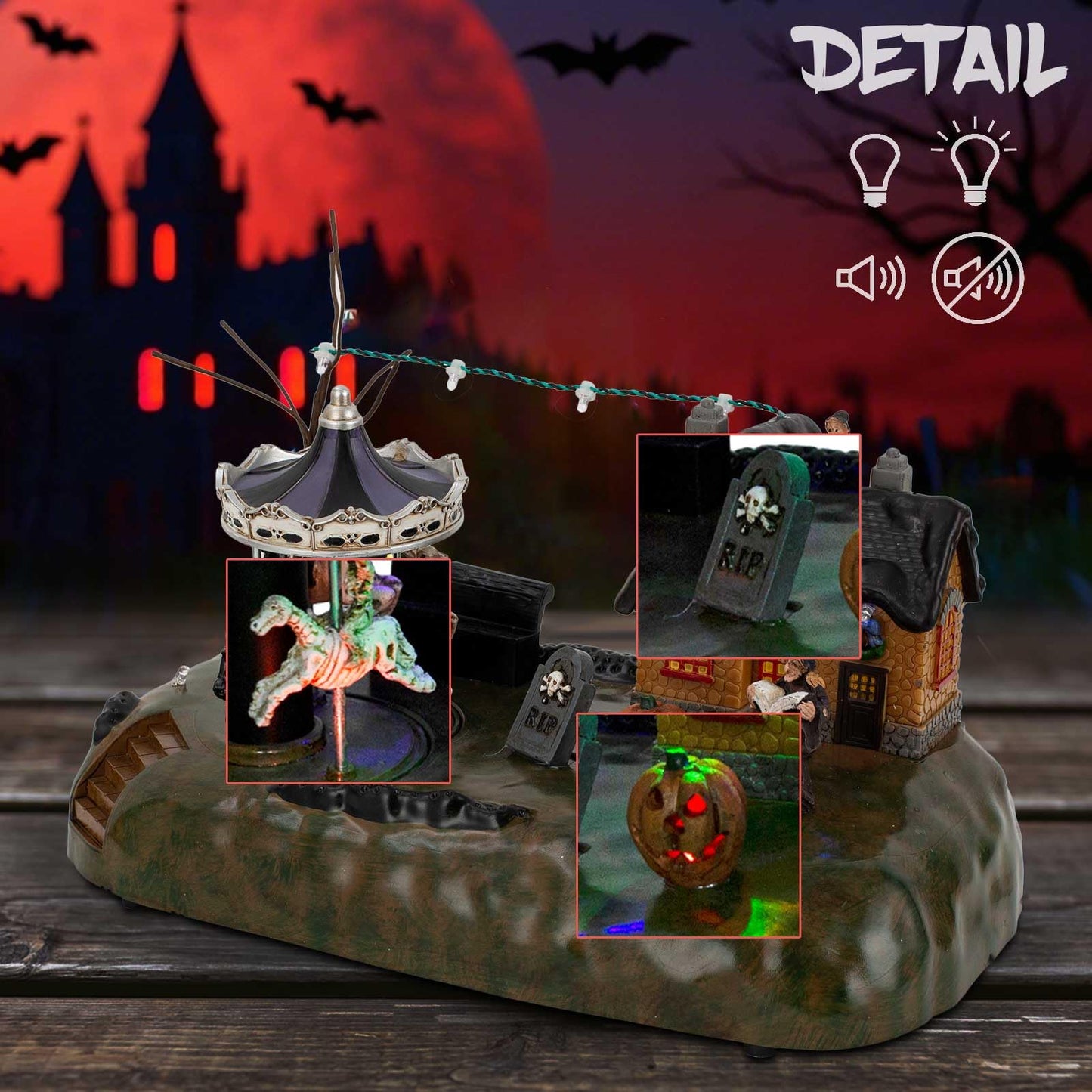 Animated Halloween Carousel Village House, LED Spooky Festival Display Collection Battery Operate, Indoor Use only