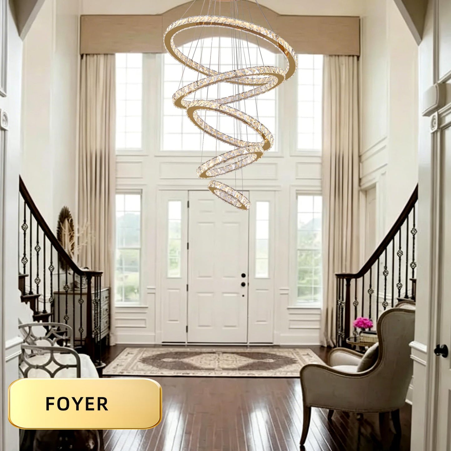 KKMYWAN Modern Crystal Chandelier Dimmable 5 Rings LED Gold Chandelier Linear Chandelier Dining Room Light Fixture with Remote for Entryway, Bedroom,Living Room and Foyer