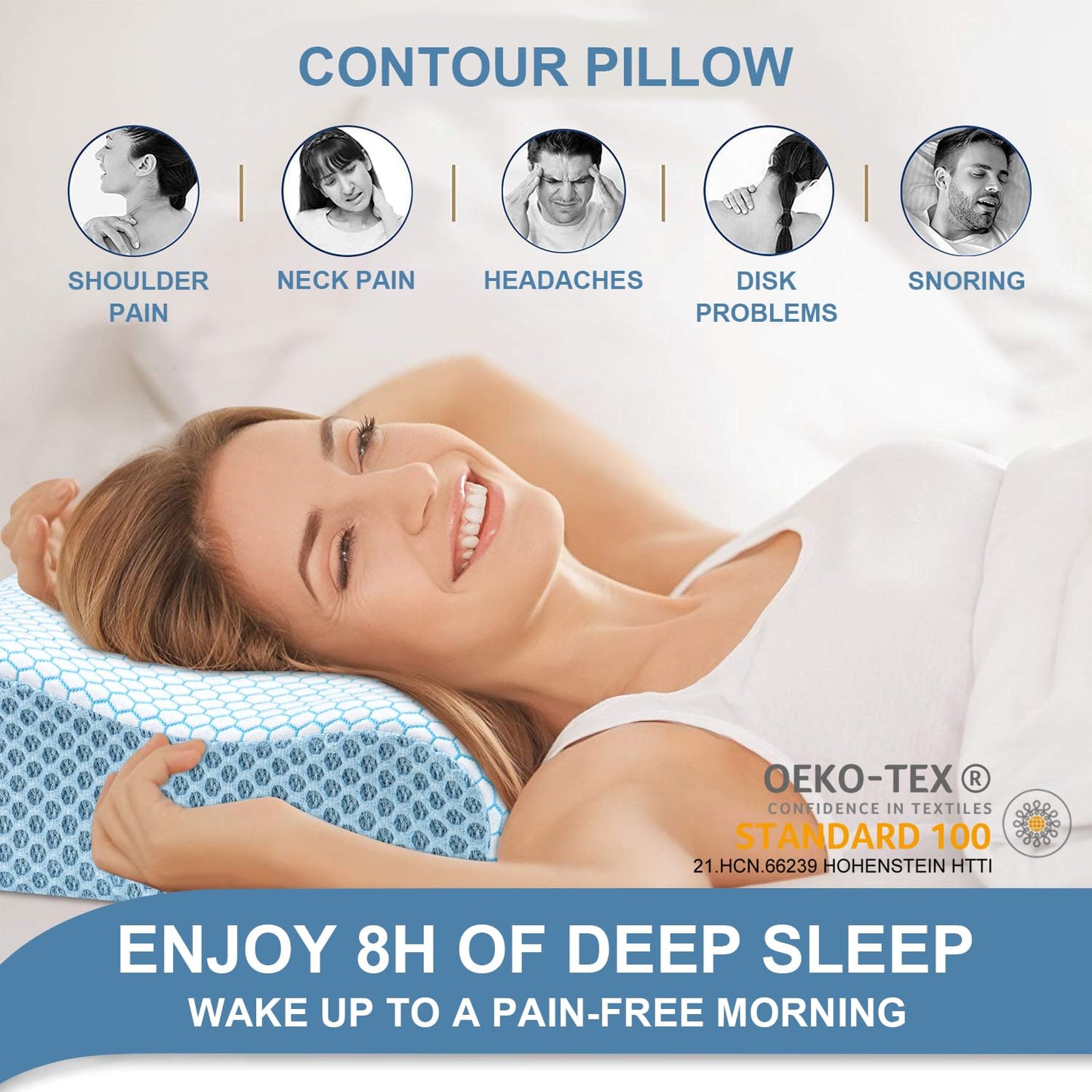 Anvo Memory Foam Pillow, Neck Contour Cervical Orthopedic Bed Pillow for Sleeping Side Back Stomach Sleeper, Ergonomic Design for Neck and Shoulder Pain Relief, Cyan, Firm