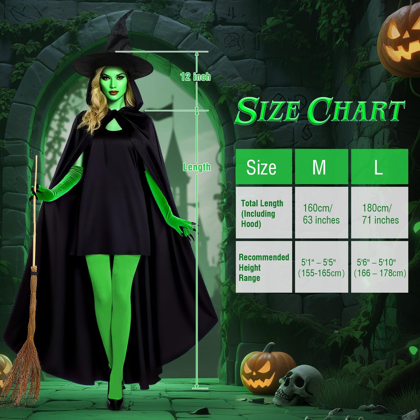 Brikabia Witch Costume for Women Halloween Cosplay with Hooded Cape Witch Hat Gloves Socks Cosplay Props Party Outfits