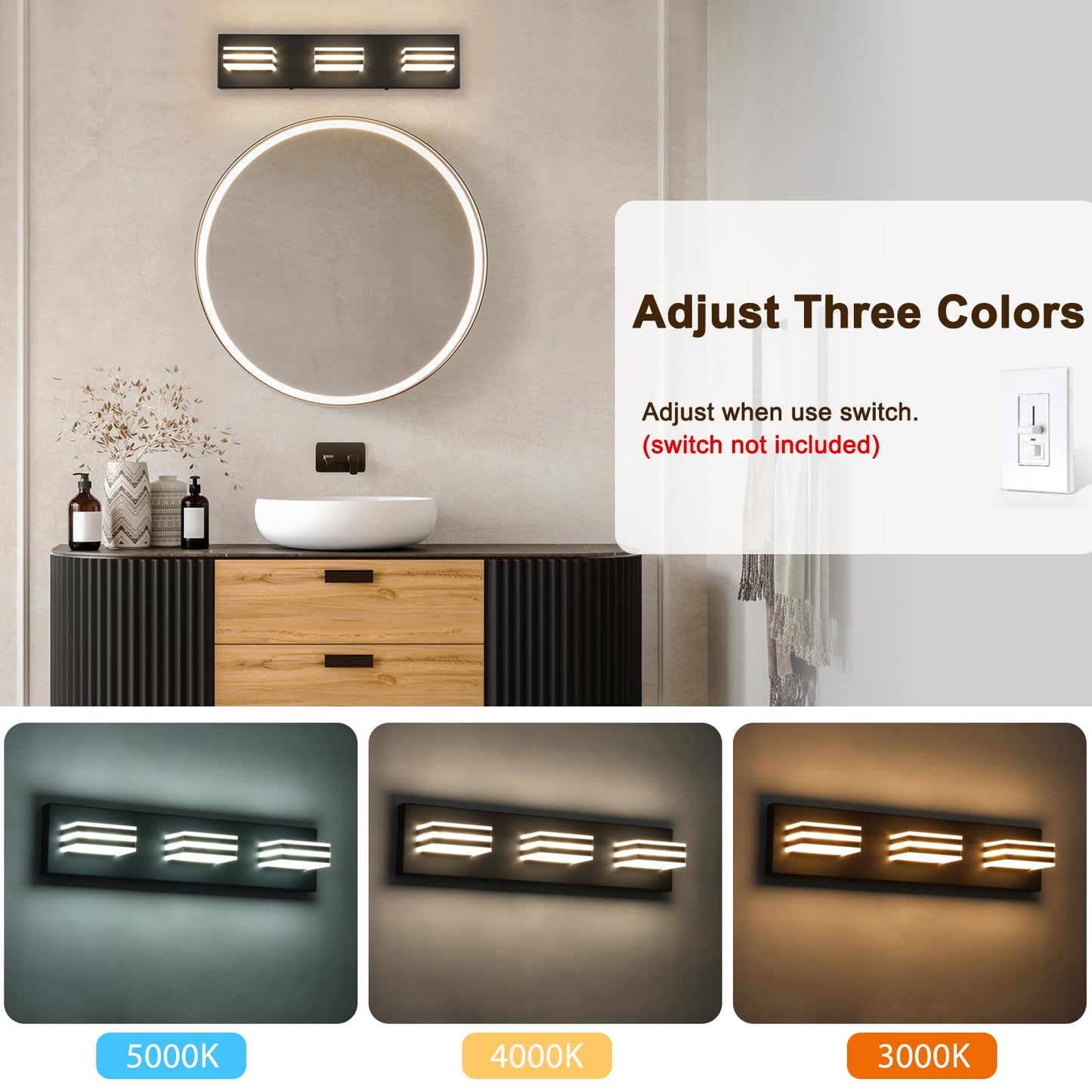 yumcrelect Black Vanity Lights for Bathroom Light Fixtures (3-Light, 20-Inch) Adjust 3 Colors Modern Bath Lighing Fixture Over Mirror LED Vanity Lighting