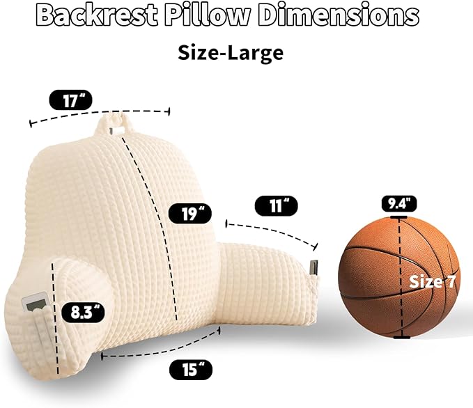 PAJEO Reading Pillow for Sitting in Bed, Large Backrest Reading Pillow with Arm Rest,Back-Rest Support Cushion for Sit Up on Couch, Sofa, and Floor, Dorm Essentials (Cream Flannel, Large(19"))