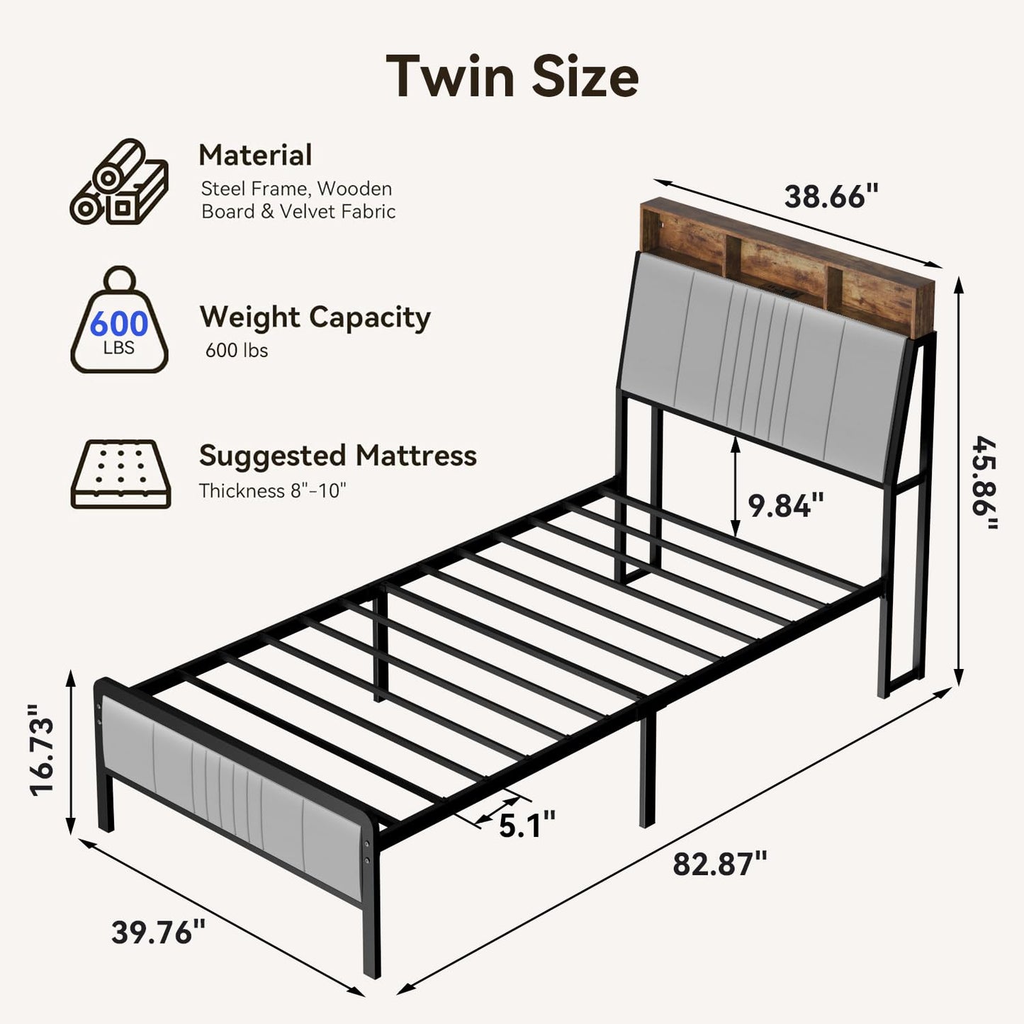 BedsPick Twin Bed Frame with Headboard, Metal Platform Bed Twin Size with 2-Tier Storage and Ergonomic Velvet Headboard, Charging Station, Smart LED Lights, Easy Assembly, No Box Spring Needed
