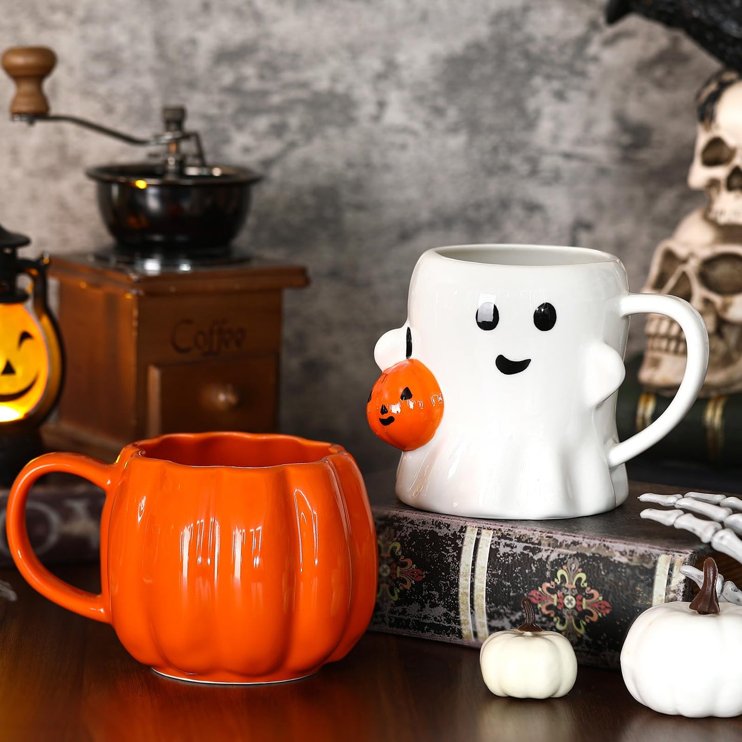 LemonRoad 2 Pcs Mug 14 oz Novelty 3D Cute Ceramic Coffee Cup Happy Pattern Mugs Gifts for Milk Tea Coffee Lover(Ghost Pumpkin)