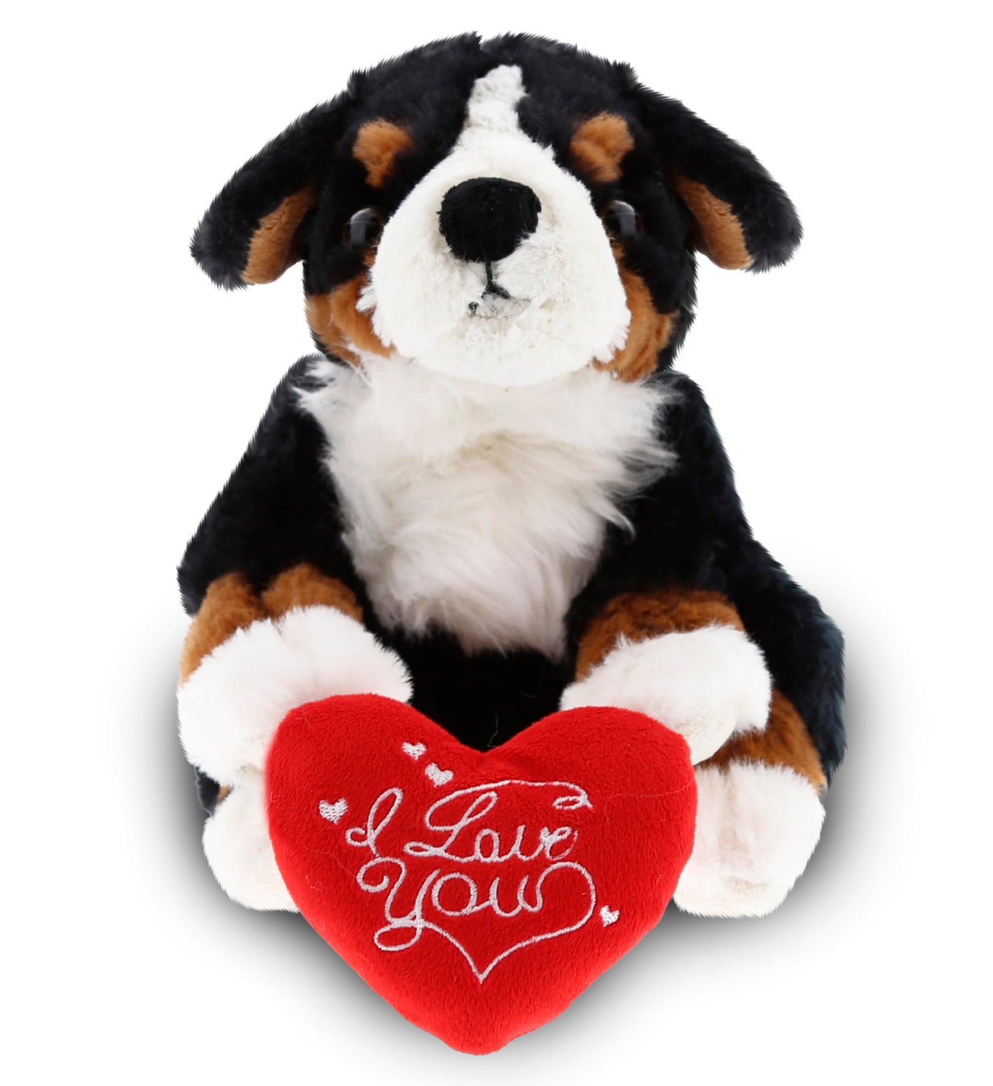 DolliBu I Love You Valentine Plush Bernese Dog - Cute Stuffed Animal with Red Heart and Name Personalization Gift for Valentines Day, Birthday, Anniversary, Romantic Date - 7 Inches