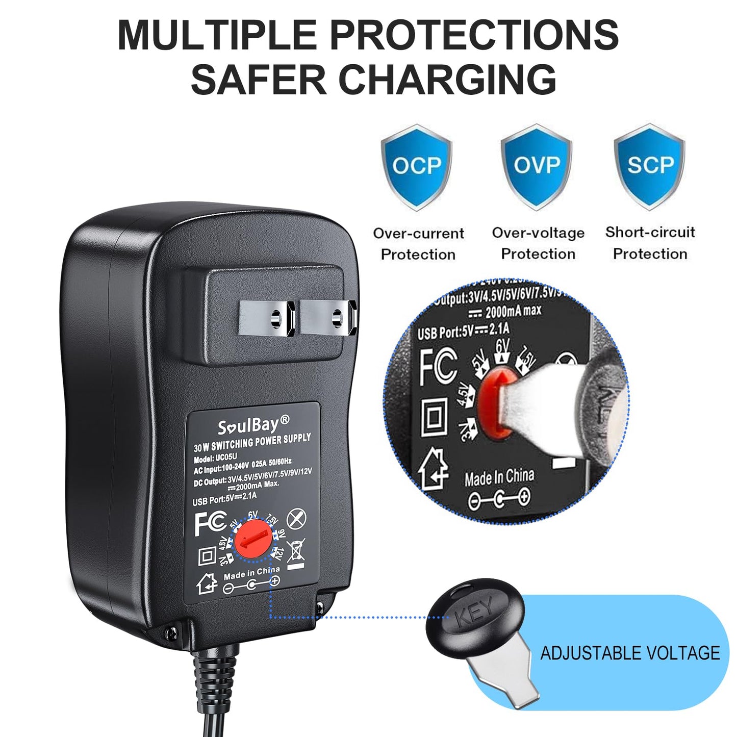 SoulBay 12V Power Supply Universal AC DC Adapter Charger with Adjustable Output 5V 9V 3V 6V 4.5V 7.5V 12 Volt 1A 1.5A 2A for LED Strip Light CCTV Camera BT Speaker GPS Webcam Router, 5 FT Cord, 30W