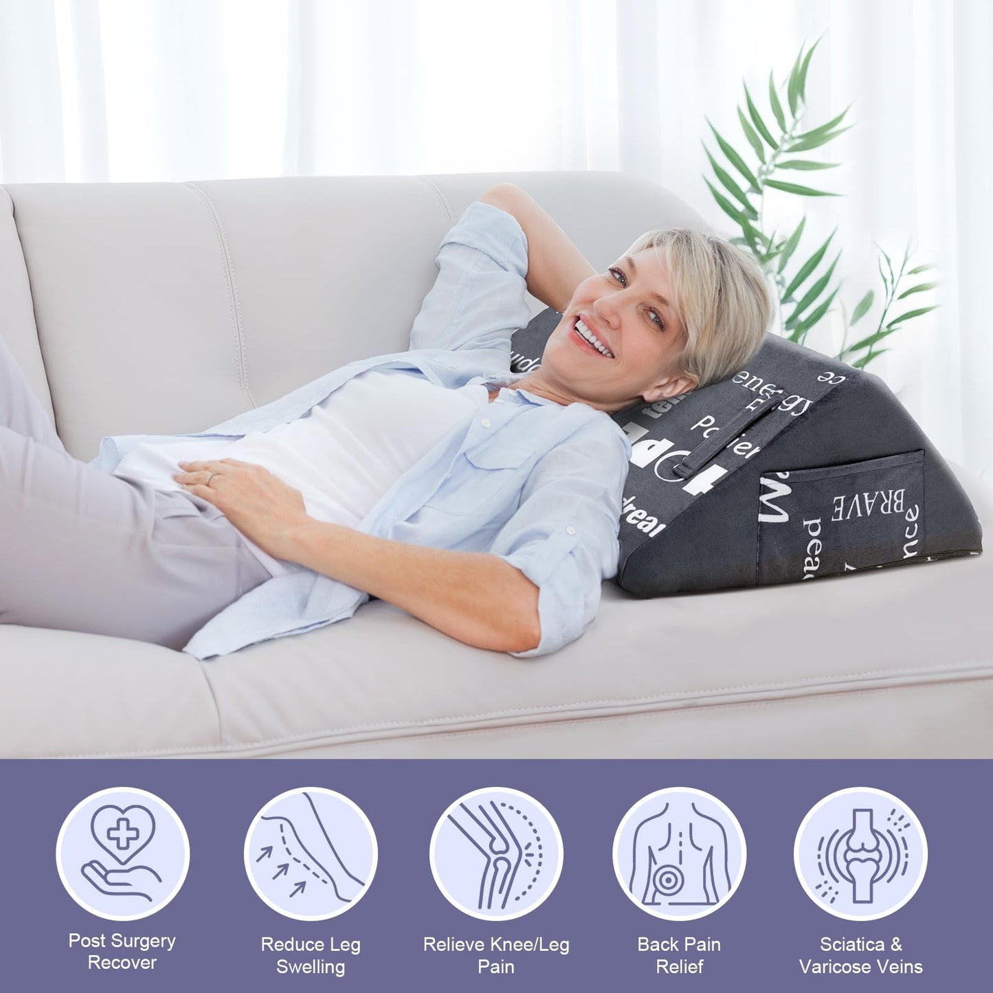 Knee Pillow for Back Sleeping, Leg Wedge Pillows Memory Foam for Legs Post Surgery, Triangle Pillow for Knee Support, Leg Elevation, Knees Hip Back Pain Relief, with Removable Cover and 2 Side Pockets