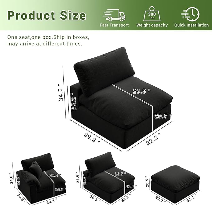 Intuition Decor Modular Sectional Sofa,1-Seater Extra Comfty Deep-Seat-Filled Couch,Modern Couches for Living Room, Apartment,Office,Small Space,Black