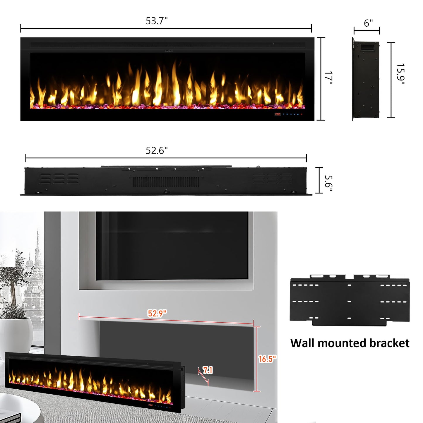 Kentsky 54" Electric Fireplace, Wall Mounted & Insert Electric Fireplace, W/Mixed Color Flame, Adjustable Brightness & Speed, 0-8H Timer, Thermostat, 750w/1500w, Balck