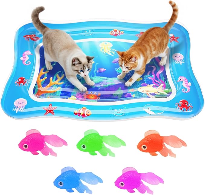 Cat Water Mat - Interactive Cat Toys Upgraded Thickened 0.7mm PVC Cooling & Heating Water Bed with Floating Fish, Anti-Scr...