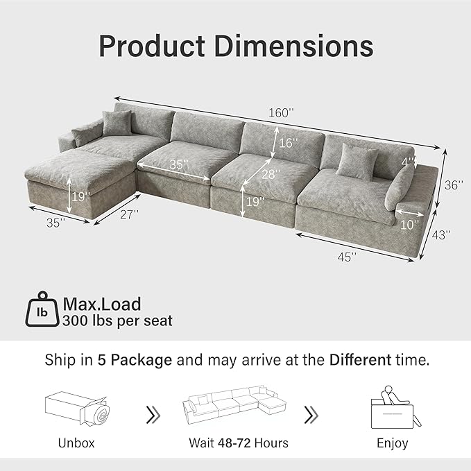 160'' Oversized Boneless Sectional Couches for Living Room, Deepseat Boneless Cloud Modular Sectional Sofa with Ottoman, No Assembly Required L-Shape Cloud Sofa, Plush Fabric, Light Gray