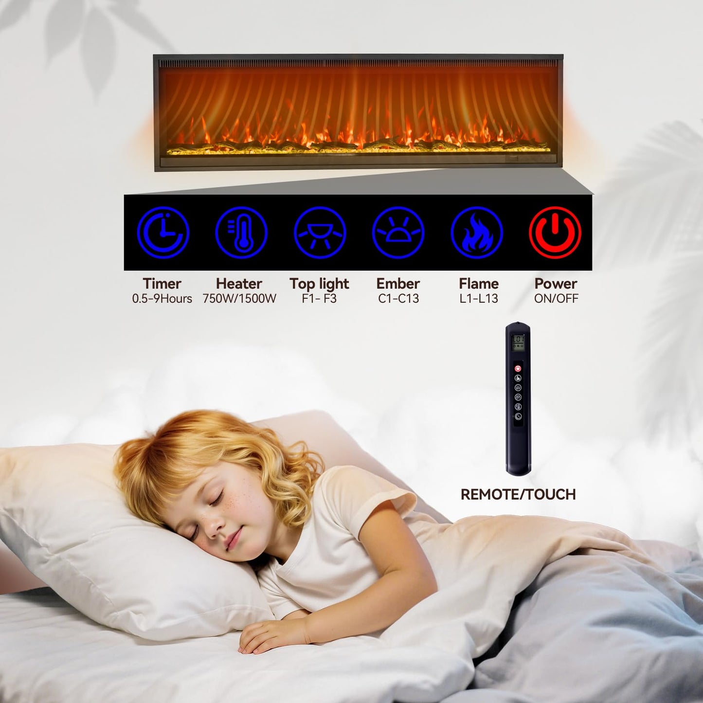 Kukoofyer 40" Electric Fireplace, Ultra-Narrow Bezel Recessed & Wall Mounted Fireplace Heater, Adjustable Color Flame, Linear Fireplace, Timer, Touch Screen, Remote Control, Log & Crystal, 750/1500W